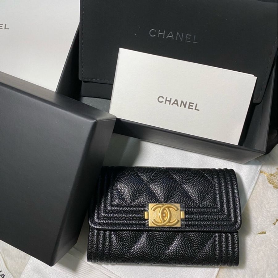 Chanel 全新 boy 卡夾 荔枝牛皮 黑金-4