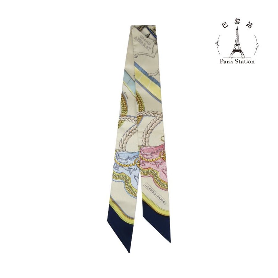 【巴黎站二手名牌專賣店】*全新現貨*HERMES 愛馬仕 真品*Grand Apparat白藍粉圖案絲巾TWILLY單條-1