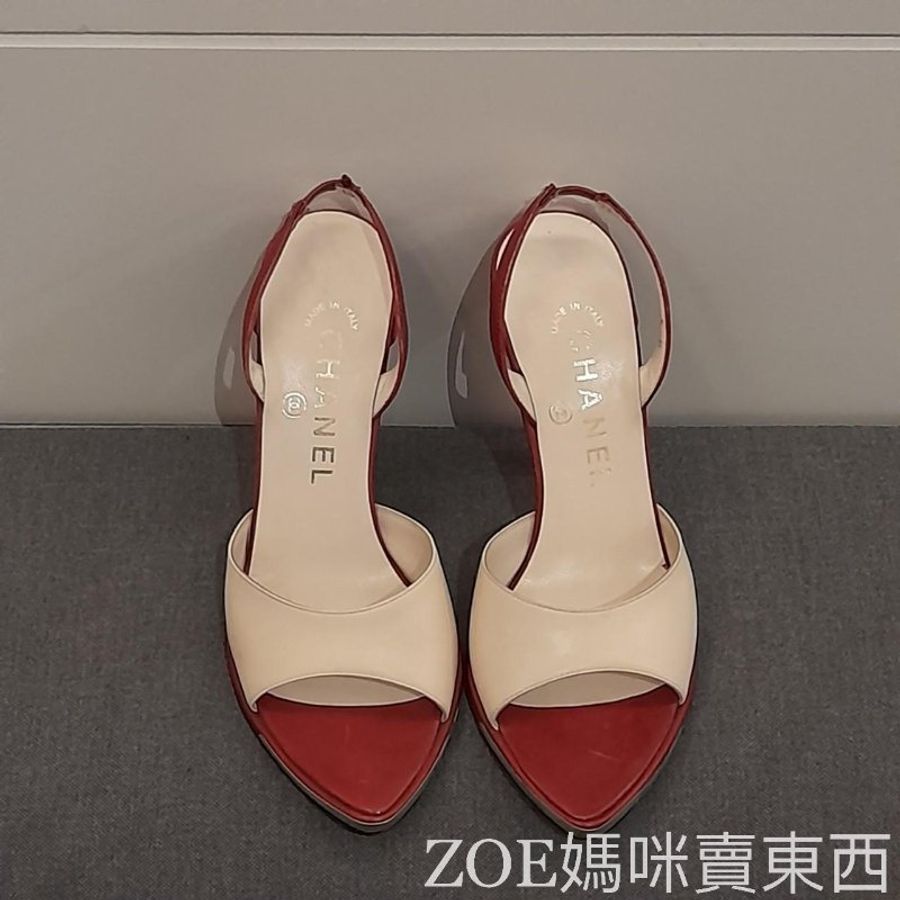 Chanel 白拼酒紅色細根高跟鞋-0