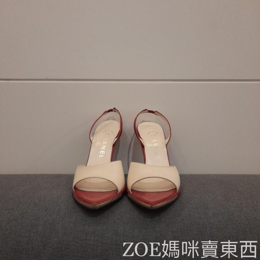 Chanel 白拼酒紅色細根高跟鞋-1