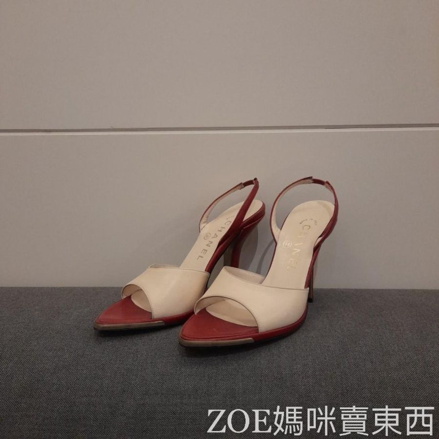 Chanel 白拼酒紅色細根高跟鞋-2