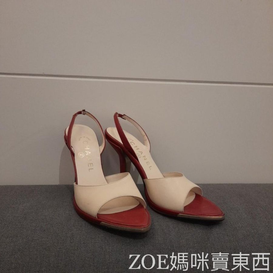 Chanel 白拼酒紅色細根高跟鞋-3