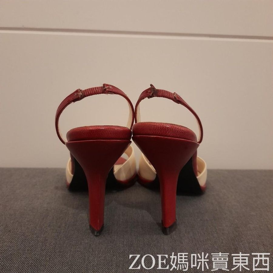 Chanel 白拼酒紅色細根高跟鞋-4