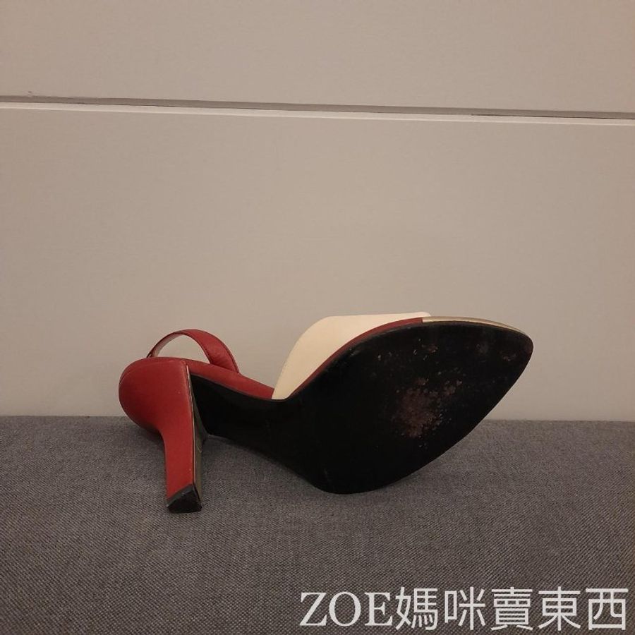 Chanel 白拼酒紅色細根高跟鞋-6