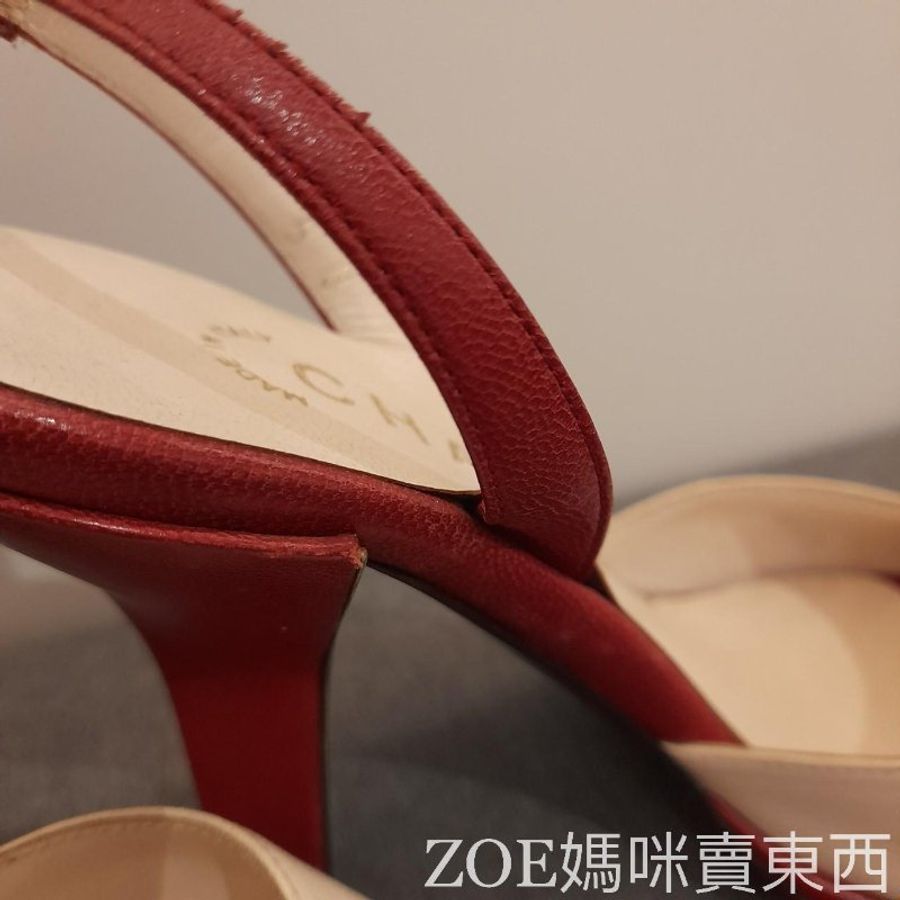 Chanel 白拼酒紅色細根高跟鞋-9