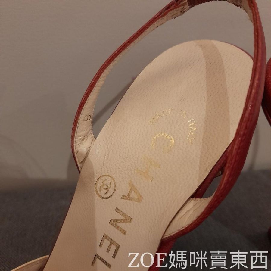 Chanel 白拼酒紅色細根高跟鞋-11