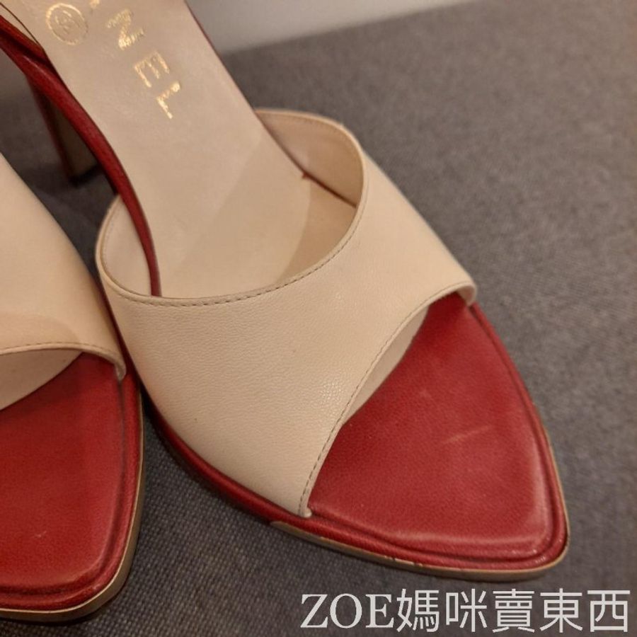 Chanel 白拼酒紅色細根高跟鞋-14