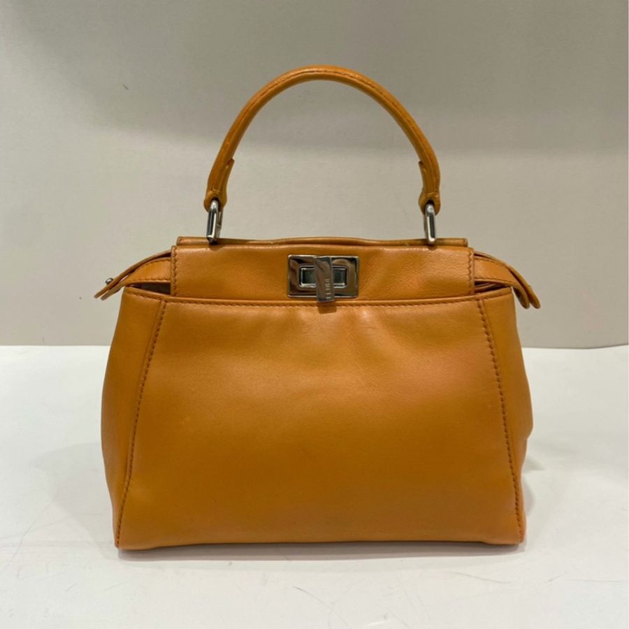 FENDI Peekaboo Iconic銀扣單肩手提包黃色小號-0