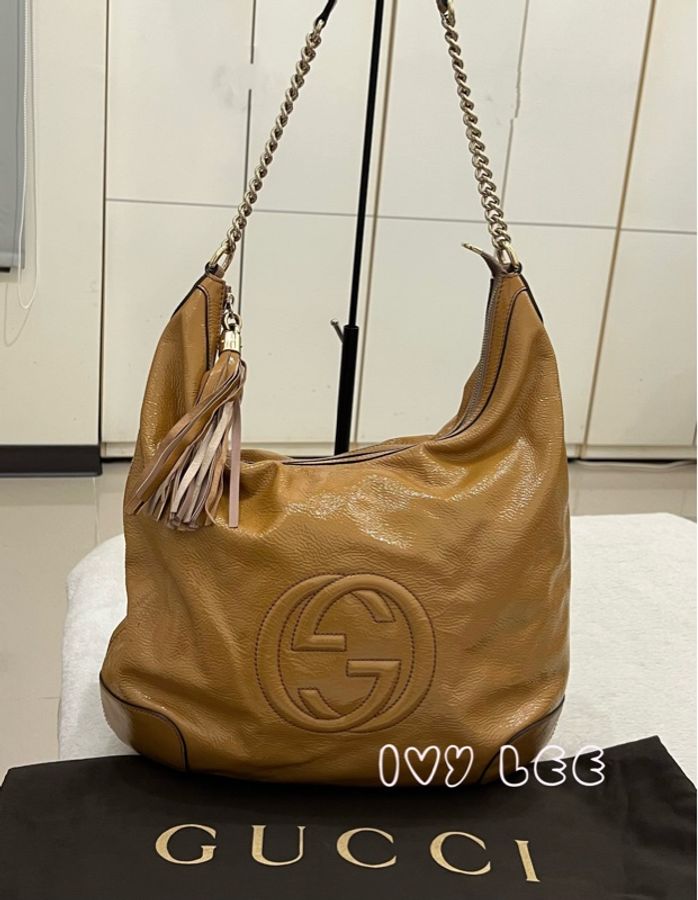 Gucci 漆皮 Soho 鏈條流蘇 326706 奶茶棕 咖啡 肩背包 手提包 二手精品-0