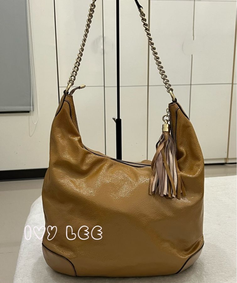 Gucci 漆皮 Soho 鏈條流蘇 326706 奶茶棕 咖啡 肩背包 手提包 二手精品-1