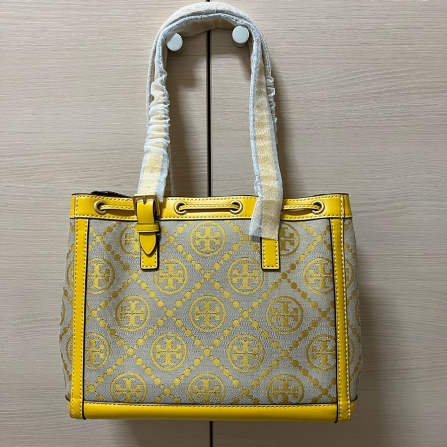 全新TORY BURCH 滿版LOGO緹花+真皮托特肩背包/手提包 (開運黃)-1