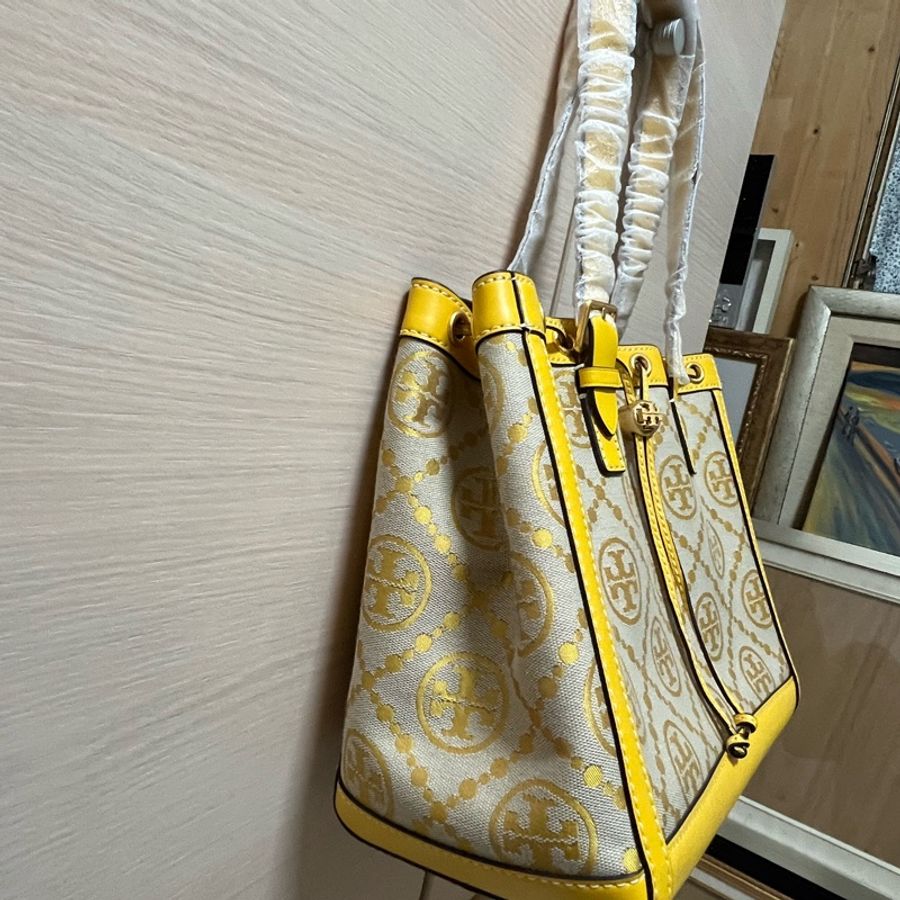 全新TORY BURCH 滿版LOGO緹花+真皮托特肩背包/手提包 (開運黃)-2