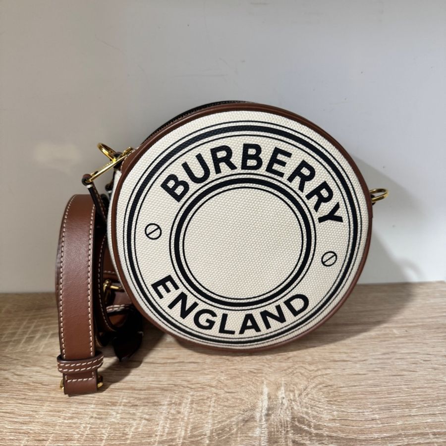 Burberry 米帆布咖牛皮圓餅斜背包 80518471-0