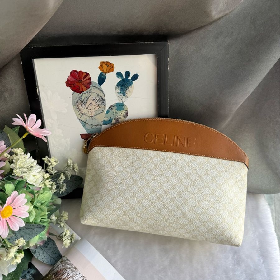 CELINE Vintage 凱旋圖案塗層帆布化妝包/手拿包(焦糖色/米色)-0