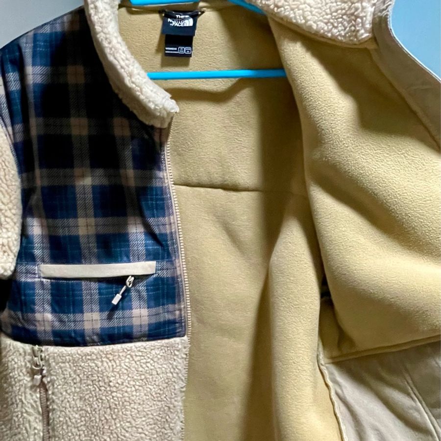 The North Face 北臉 仿羊毛觸感格紋拼接立領抓絨外套-1