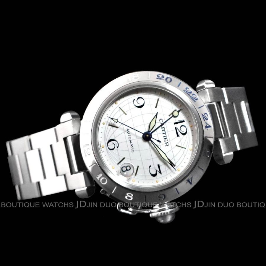 金鐸精品~2386 CARTIER 卡地亞 PASHA 銀白色面盤GMT二地時間中型款自動上鍊女用腕錶-1