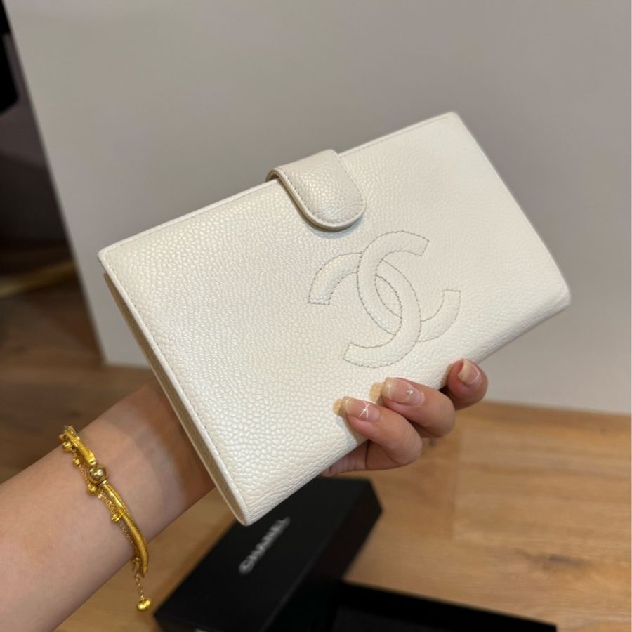 chanel 香奈兒 vintage 白色 荔枝 長夾 皮夾 錢包 皮包-3