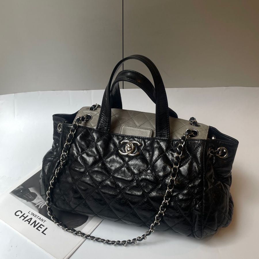 Chanel黑灰牛皮雙帶包-1