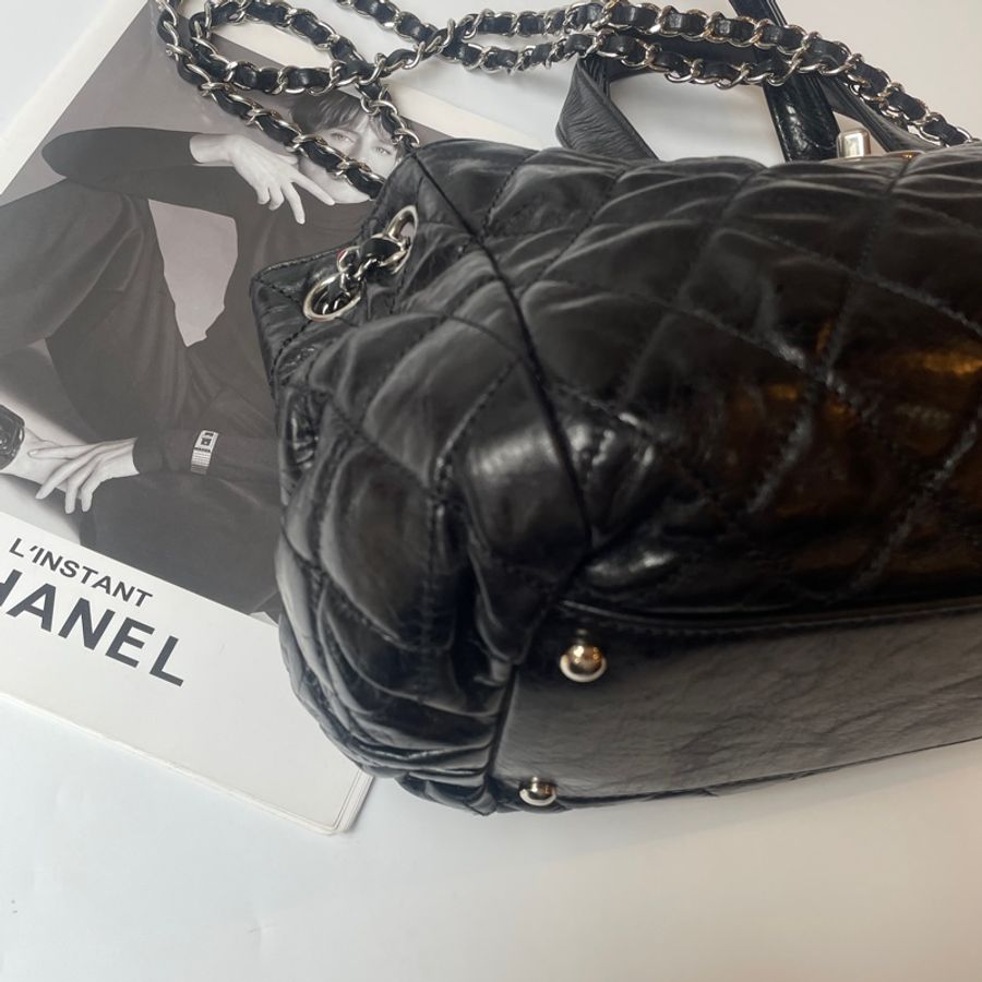 Chanel黑灰牛皮雙帶包-13
