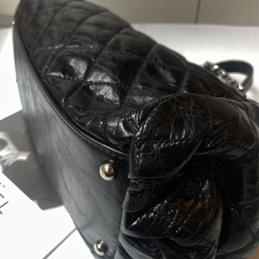 Chanel黑灰牛皮雙帶包-14