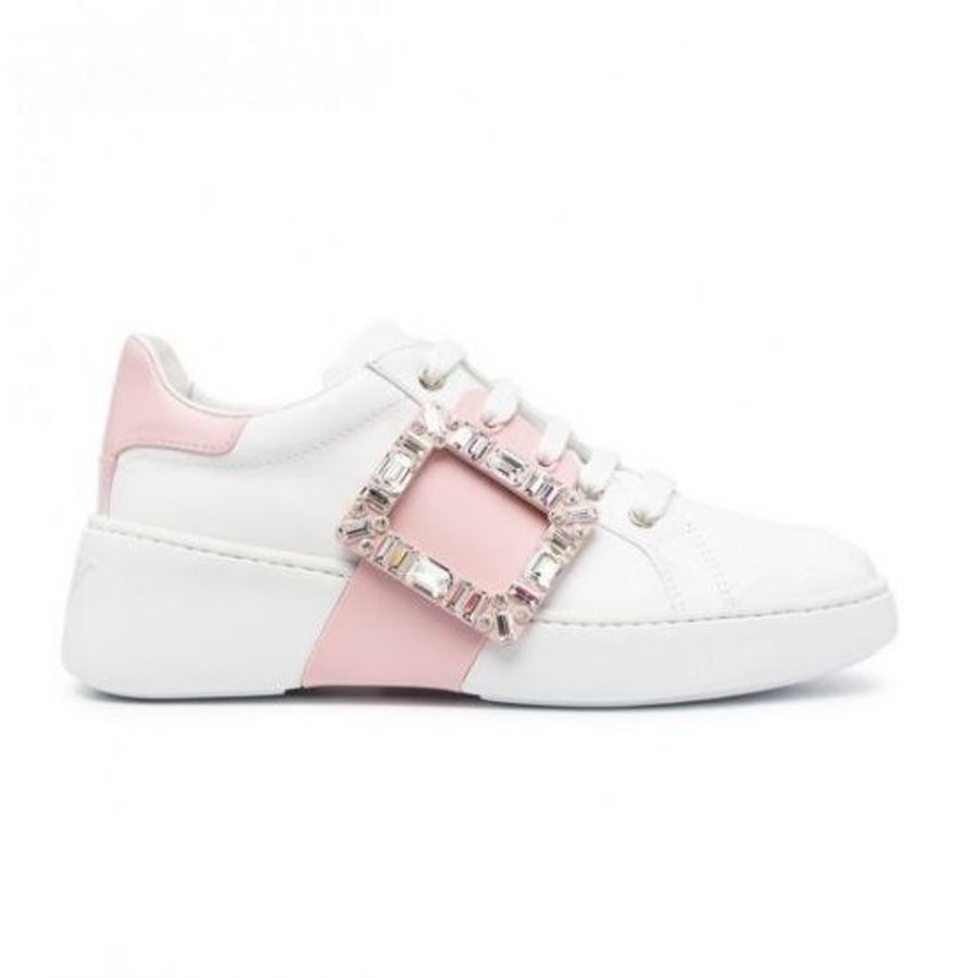 🎁當季特價🎁Roger Vivier 女款 Viv’ Skate Strass 鑽扣牛皮運動鞋 白色配粉色 EU 35.5/37/37.5/38(購買請訊息告知需要尺寸)-11