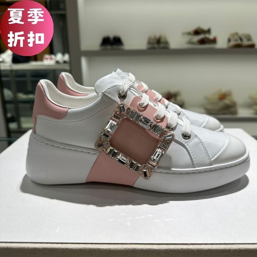 🎁當季特價🎁Roger Vivier 女款 Viv’ Skate Strass 鑽扣牛皮運動鞋 白色配粉色 EU 35.5/37/37.5/38(購買請訊息告知需要尺寸)-0