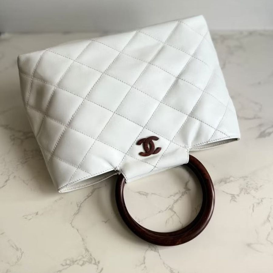 【LA LUNE】 稀有中古二手Chanel白色原木手柄皮革小托特包手提包挽袋 Vintage-1