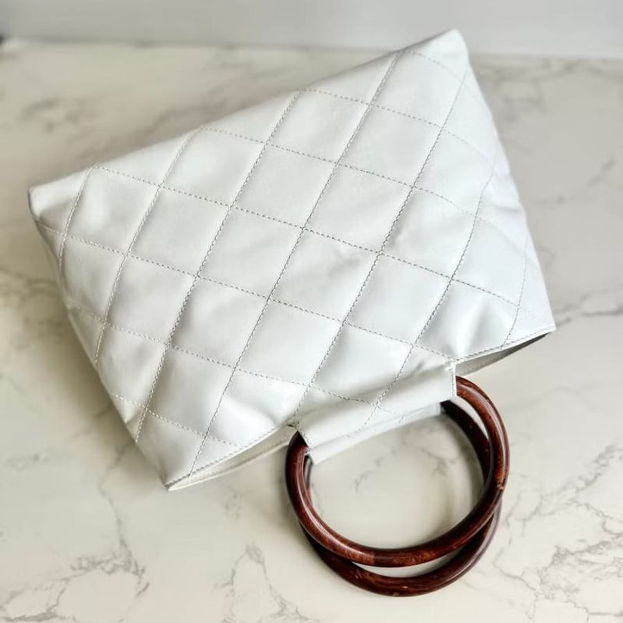 【LA LUNE】 稀有中古二手Chanel白色原木手柄皮革小托特包手提包挽袋 Vintage-2
