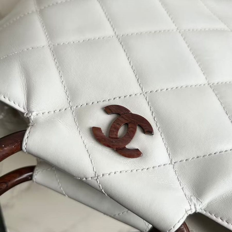 【LA LUNE】 稀有中古二手Chanel白色原木手柄皮革小托特包手提包挽袋 Vintage-4