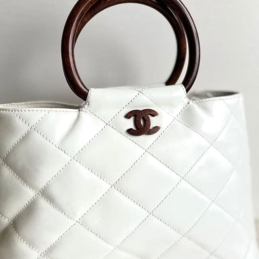 【LA LUNE】 稀有中古二手Chanel白色原木手柄皮革小托特包手提包挽袋 Vintage-5