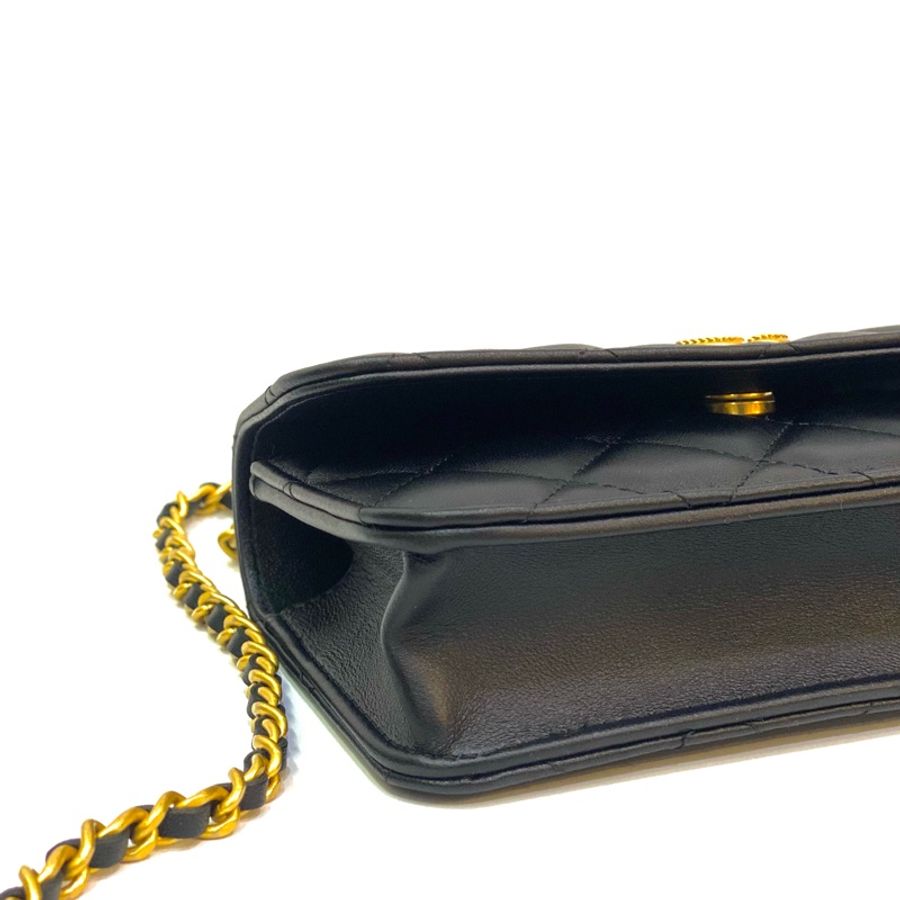 Chanel 黑羊皮霧金釦手提斜背包-5