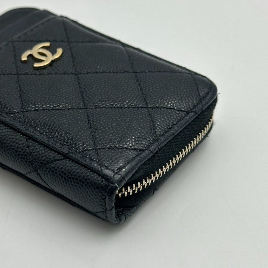 CHANEL 荔枝牛皮拉鍊零錢卡包 - 黑金31開-3