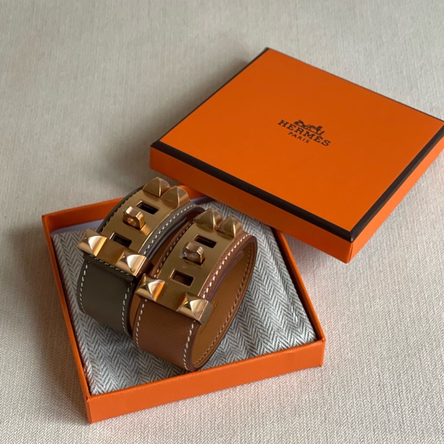 全新 現貨 🧡 Hermes Collier de Chien 24 CDC bracelet 皮 手帶 手鐲 手環 Etoupe 大象灰 Gold 金棕🎄🎁 聖誕禮物-0