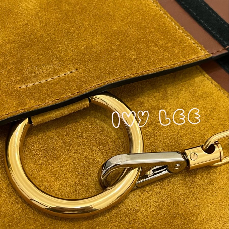 CHLOE麂皮小牛皮拼接 Faye 單肩包 咖啡棕南瓜黃 煙草色 二手精品-3