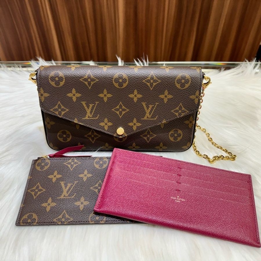 LV Louis Vuitton路易威登 M81896 Felicie Pochette系列Monogram帆布WOC鍊帶手拿/斜背包(紫紅色)-1