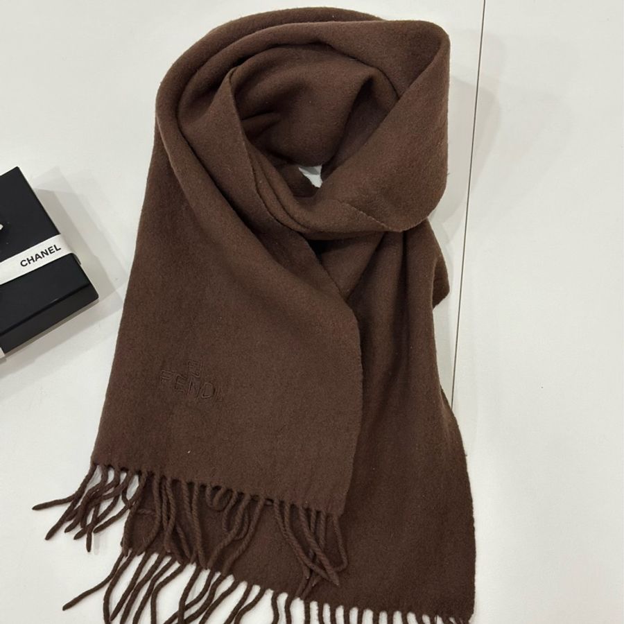 FENDI 咖啡色 經典 刺繡 羊毛 圍巾-2
