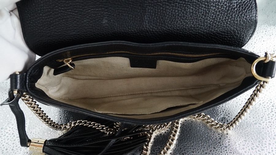 GUCCI 古馳 Gucci GG 鏈條 斜背包 黑金 SOHO牛皮 流蘇 鏈帶 斜背包 單肩包-20