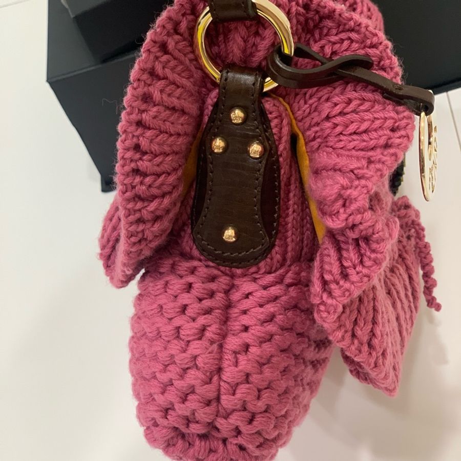 Fendi Vintage 粉色 針織 松鼠胸針 元寶包 餃子包 手提包 肩背包 側背包-11
