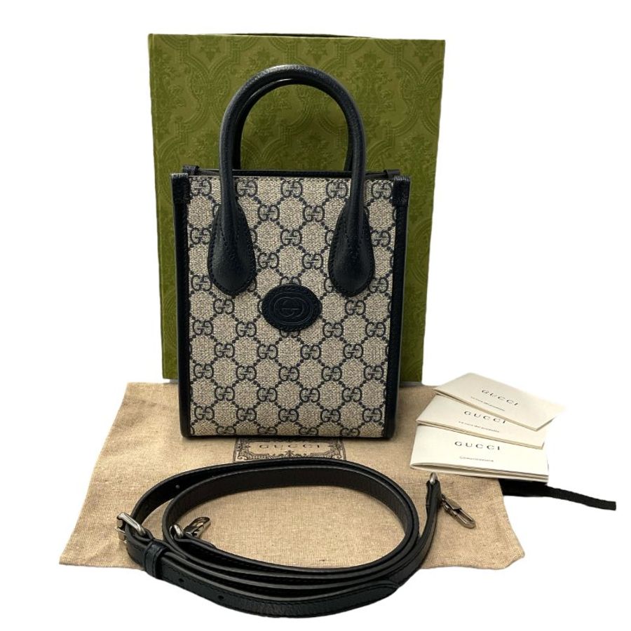 GUCCI 古馳 塗層帆布 銀扣 手挽 肩背 兩用袋 藍色/米色-0