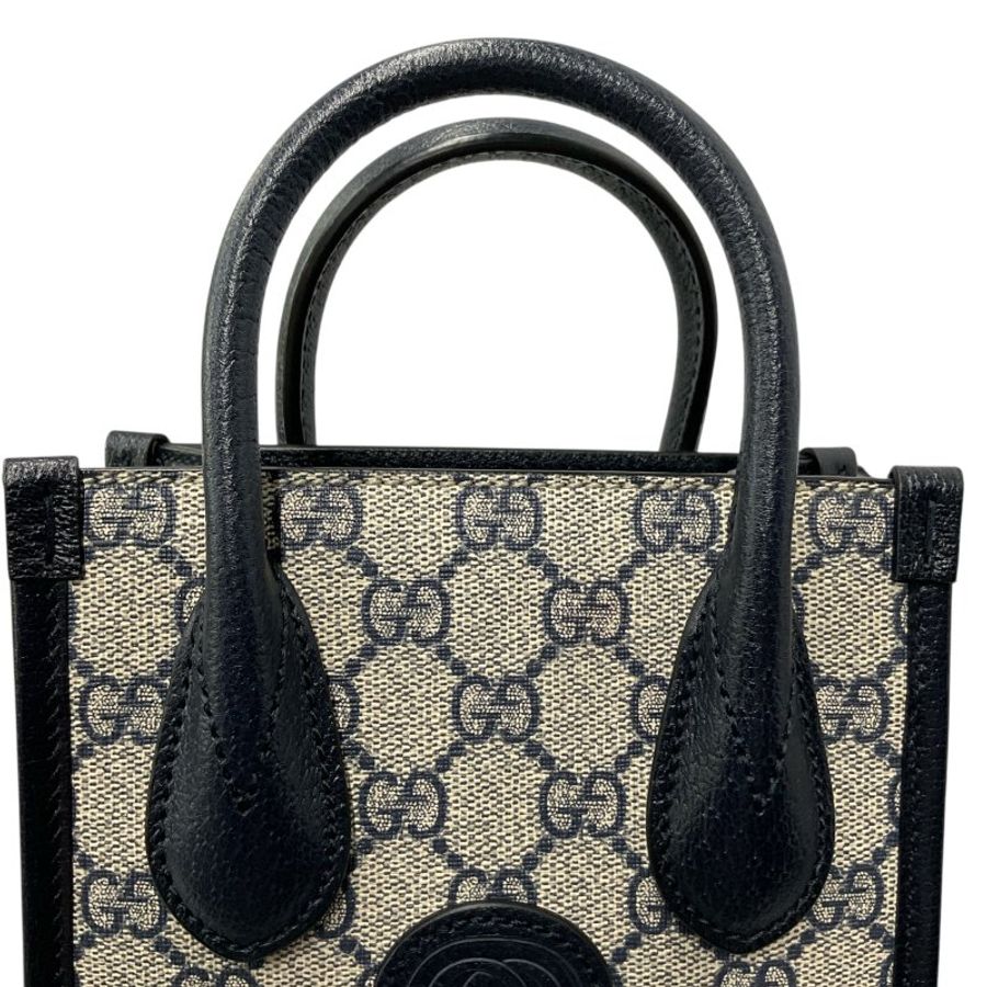 GUCCI 古馳 塗層帆布 銀扣 手挽 肩背 兩用袋 藍色/米色-6
