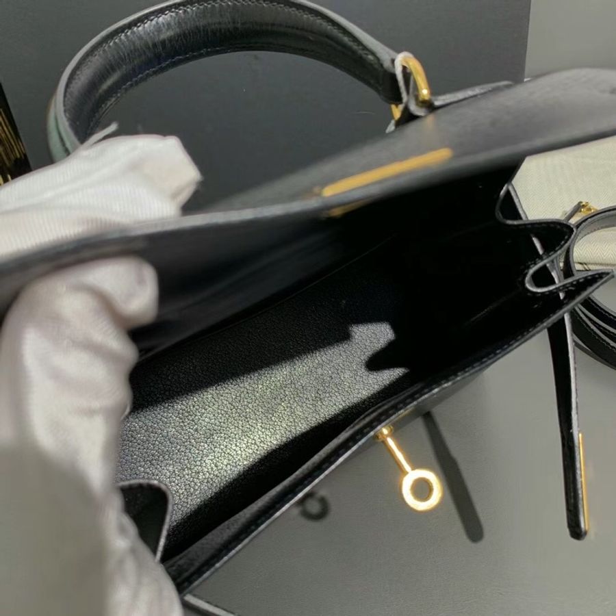 Hermes愛馬仕Kelly大耳朵黑金box皮單肩手提包,圓圈V刻-8