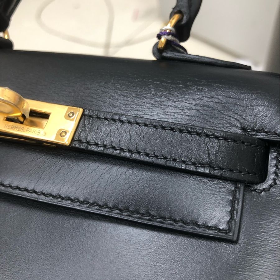 Hermes愛馬仕Kelly大耳朵黑金box皮單肩手提包,圓圈V刻-11