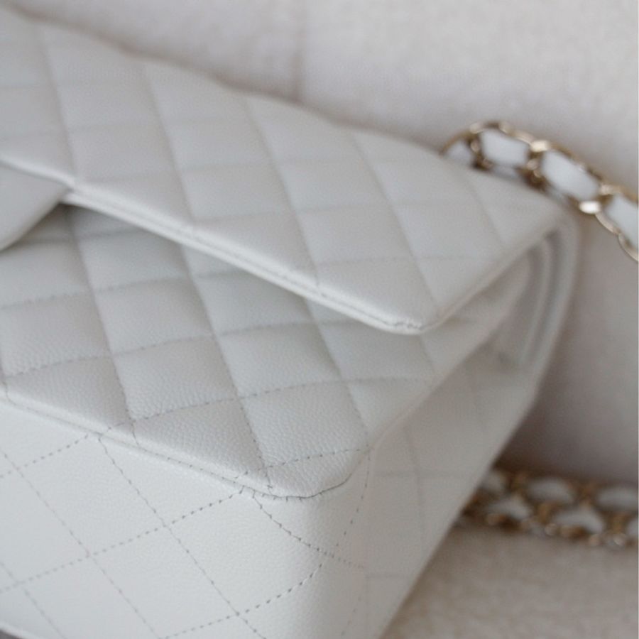 Chanel 经典翻盖包 CF中号 25cm 白色金扣鱼子酱-2