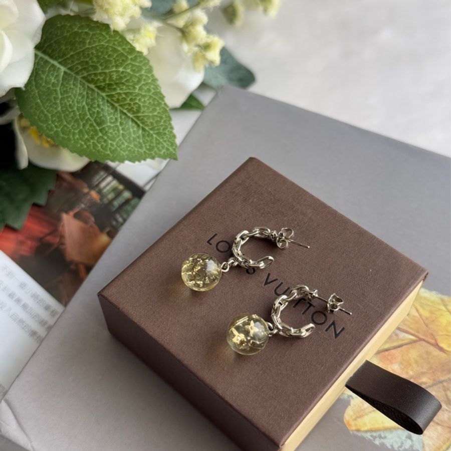 Louis Vuitton Monogram 透明球墜飾鏈狀針式耳環(銀色)-2