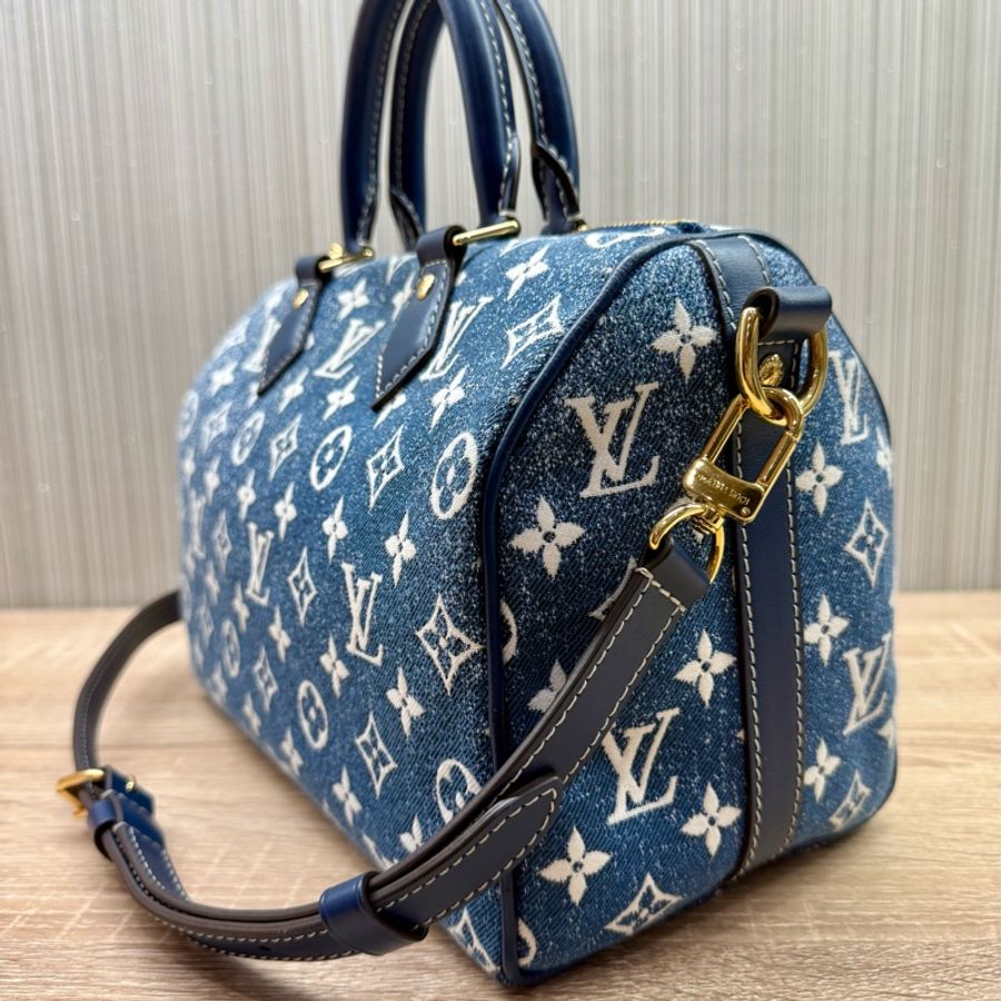 LV M59609 speedy 25限量老花丹寧牛仔背帶款波士頓包-6