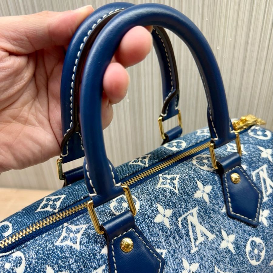 LV M59609 speedy 25限量老花丹寧牛仔背帶款波士頓包-23