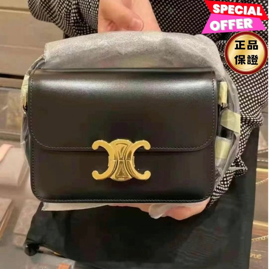 🎉新品好折扣✨Celine 187363 亮面小牛皮中型Triomphe 凱旋門包 黑色-0