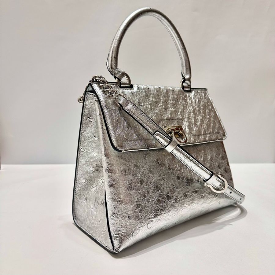 Salvatore Ferragamo Trifolio 鴕鳥皮手提/肩背包（亮銀）-3