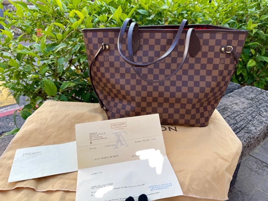 閒置新品LV棋盤格Neverfull MM DAMIER中款側背包購物包托特包M405原型號N51105-14