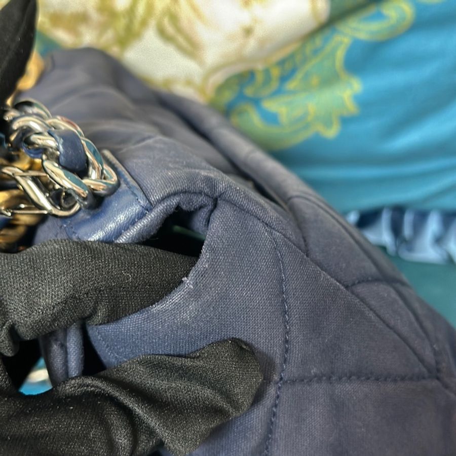 CHANEL海軍藍菱格帆布金釦19Bag下蓋鏈包-6